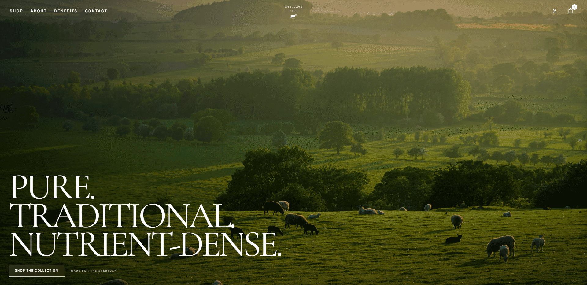 Instant Cape's refreshed storefront, with sunlit farmland and bold editorial typography